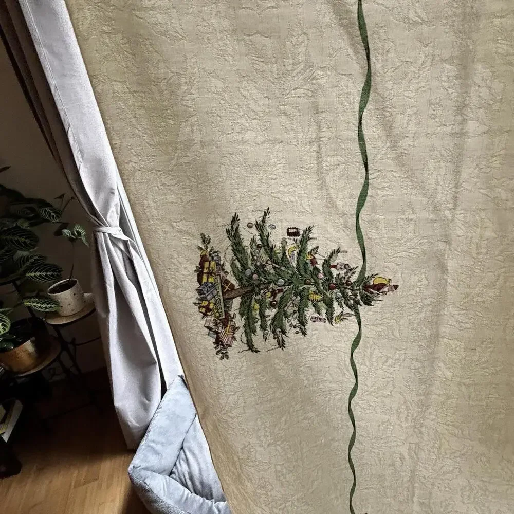 Spode Christmas Tree Tablecloth 114x56 Ivory Green Holiday Cotton Blend